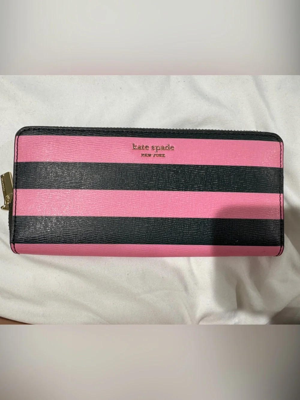 kate spade Pink and Black Striped Zip-Around Wallet with Gold Hardware